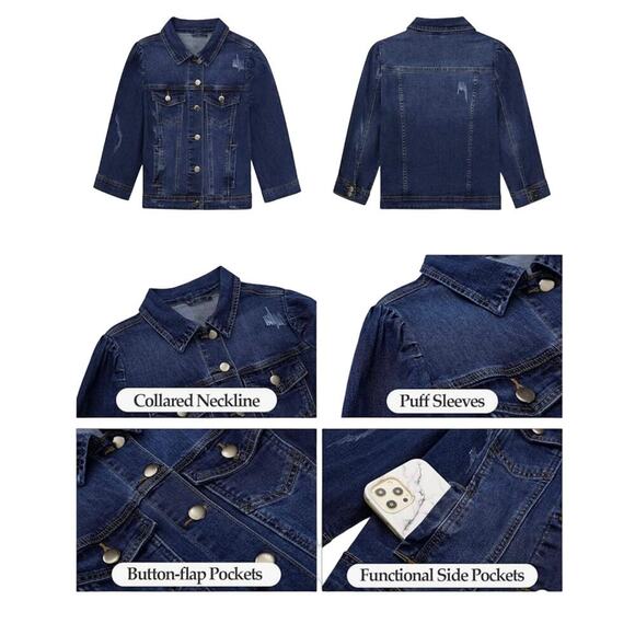 Vetinee Womens Jean Jacket Cropped Denim Jacket Stretchy 3/4 Puff Sleeve Pockets - Picture 3 of 12